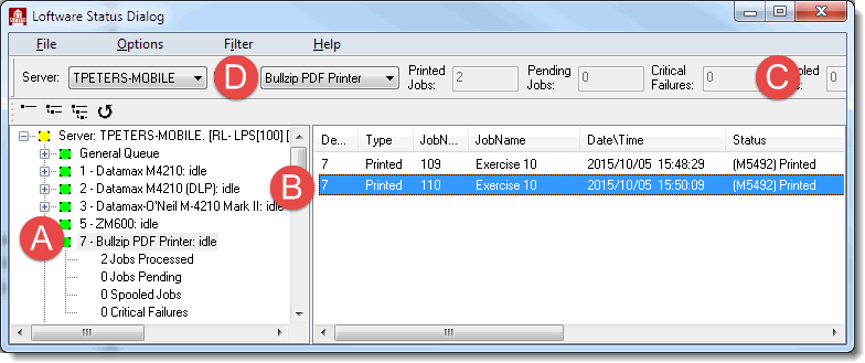 Loftware Status Client with Notation identifying the Components
